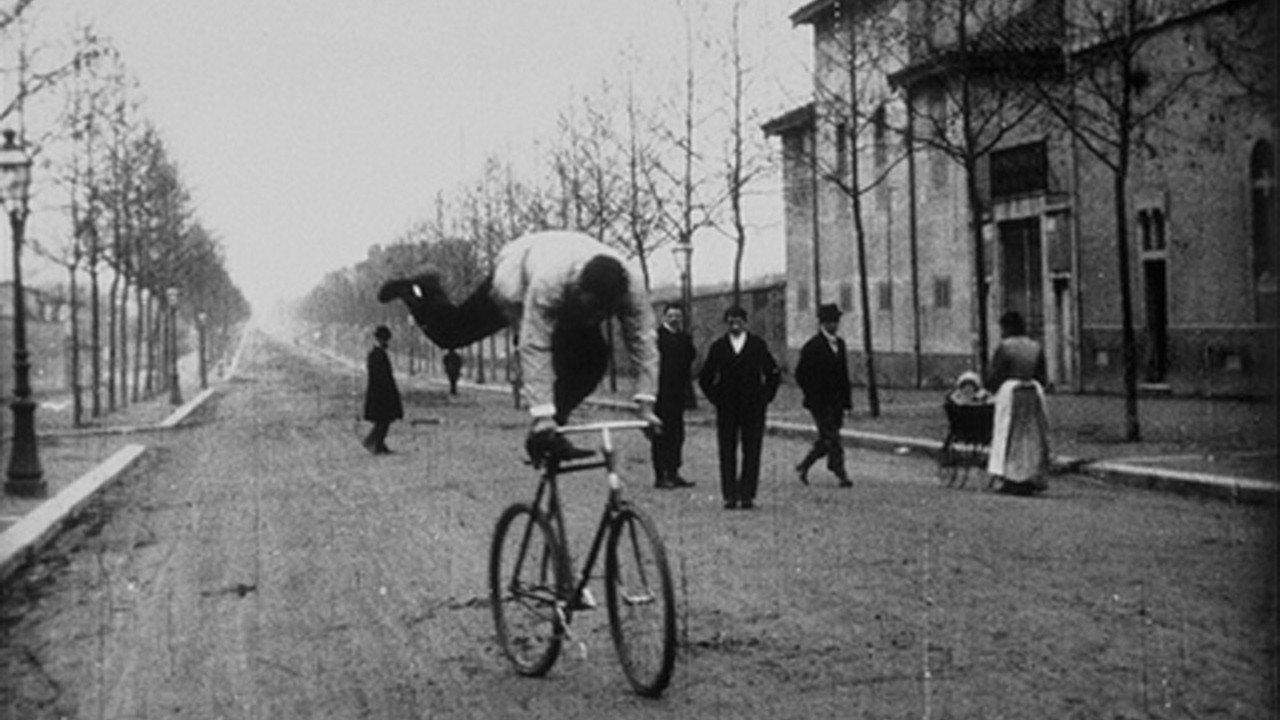 Bicyclist 1896 movie scene