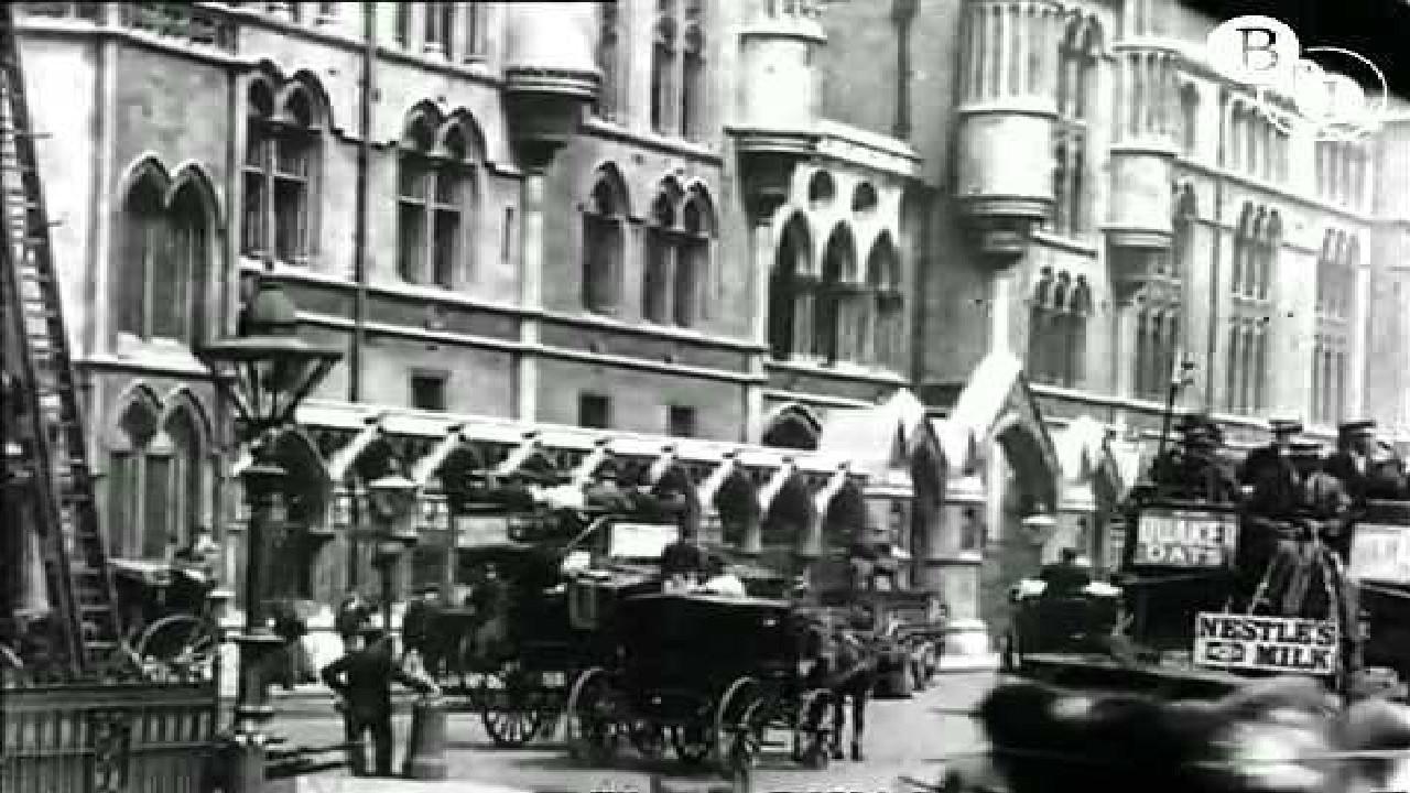 Leisurely Pedestrians, Open Topped Buses and Hansom Cabs with Trotting Horses 1889 movie scene