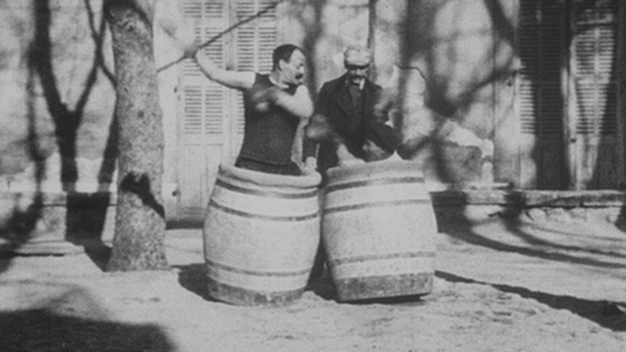 Boxers in Barrels 1897 movie scene