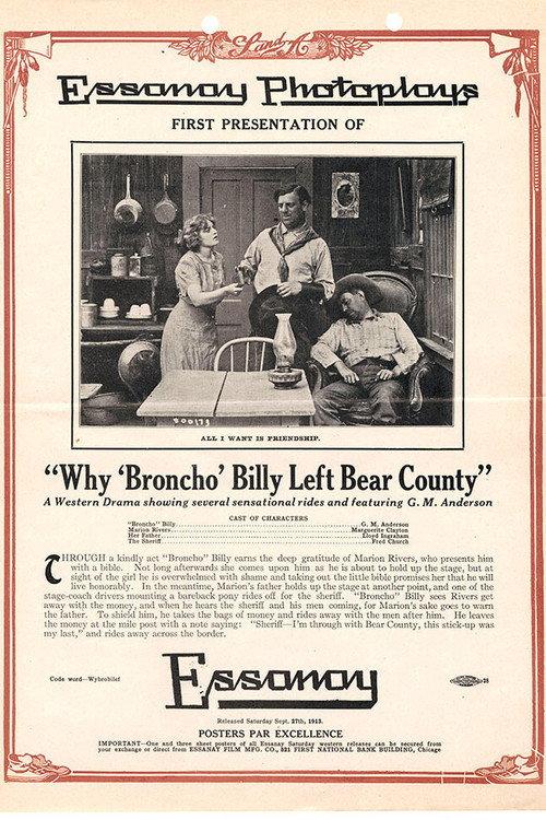 Why Broncho Billy Left Bear County 1913 official movie poster