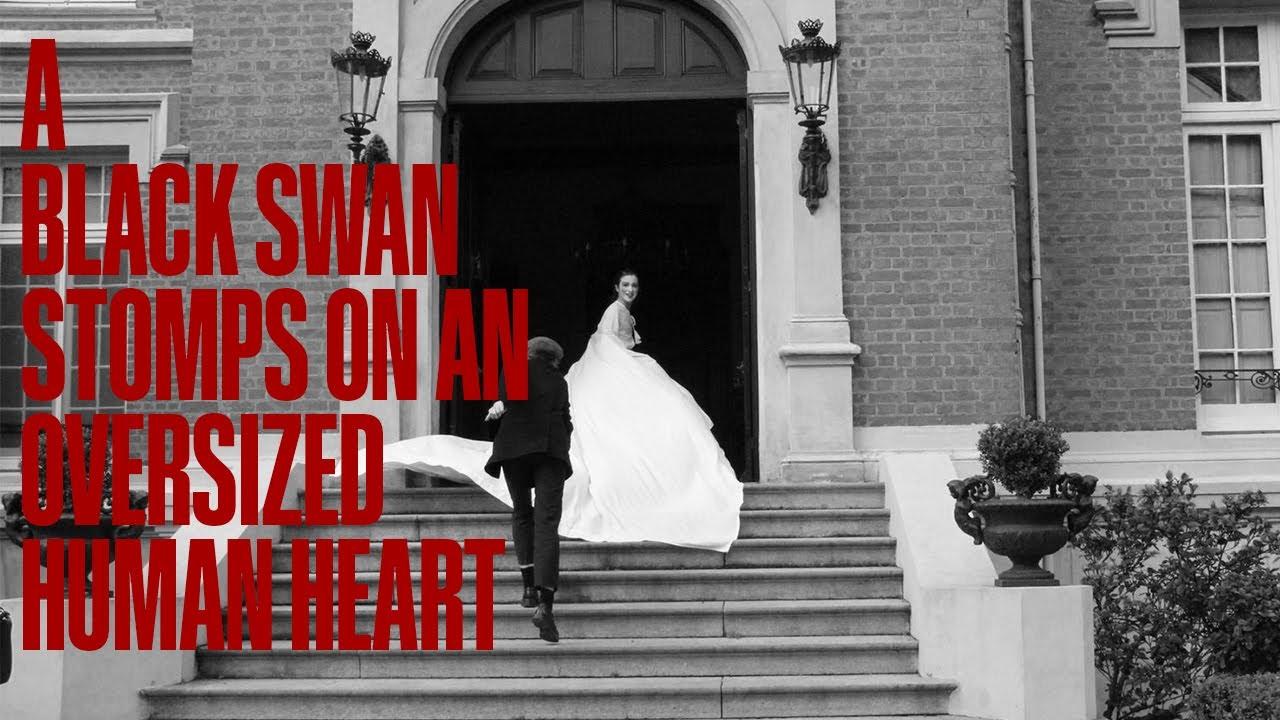A Black Swan Stomps On An Oversized Human Heart Trailer