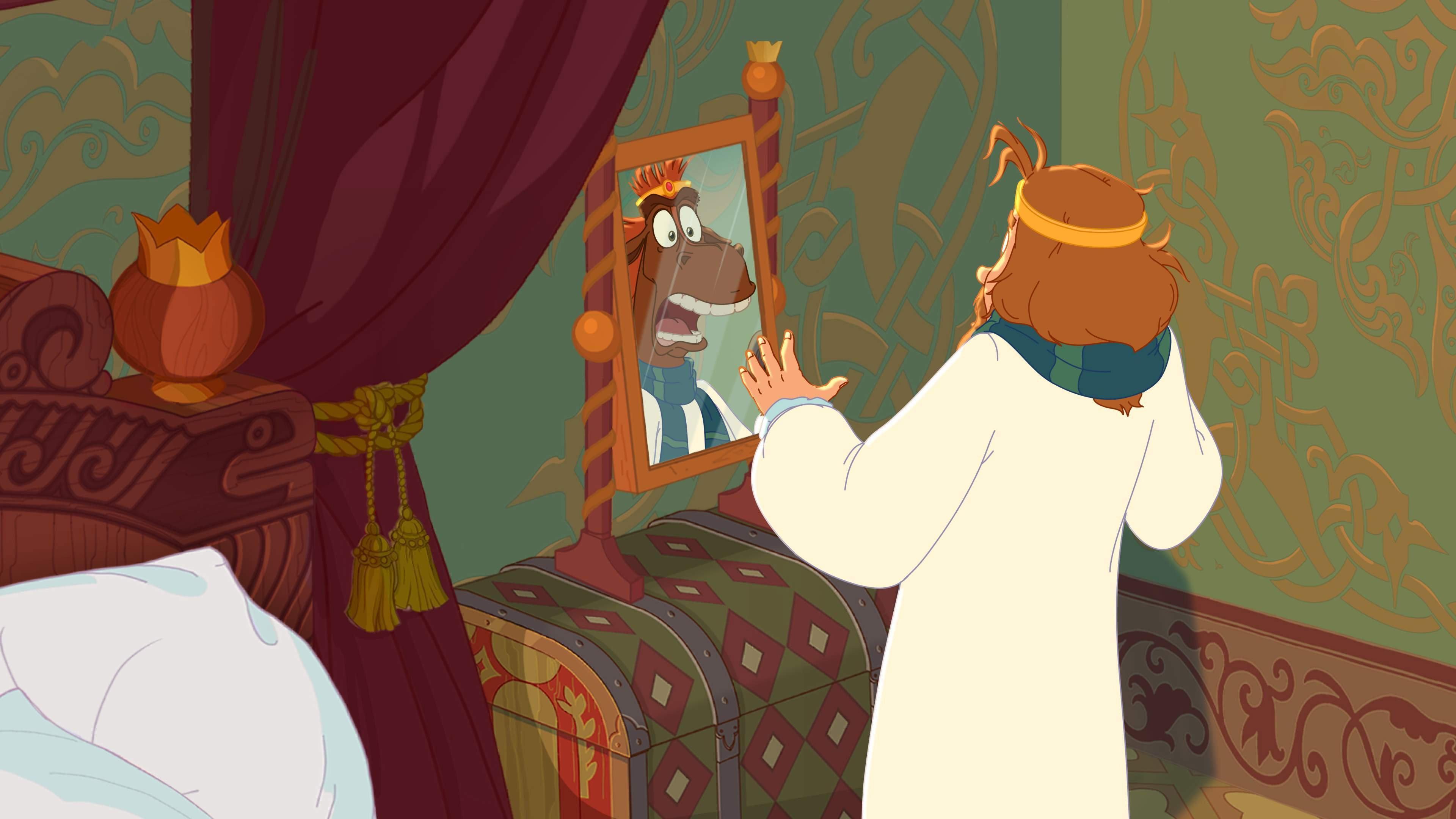 Horse Julius on the Throne and Three Heroes 2021 movie scene