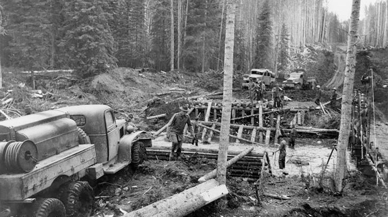Building of the Alaska Highway 1943 movie scene